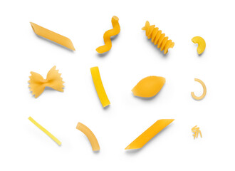 Composition with different raw pasta on white background