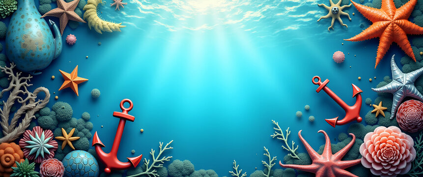 Marine life and ship anchors border frame with ocean preservation copy space for World Oceans Day concept as Diverse marine life and sturdy ship anchors framing ocean preservation space for World Ocea