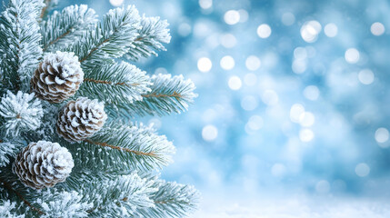 Snow covered pine branch with cones winter holiday background