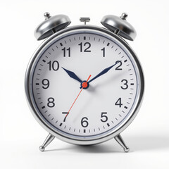 Classic silver alarm clock with twin bells and white face showing time as 1010, placed on white background, symbolizing time and punctuality, with simple and clean design