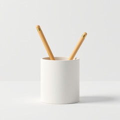 Minimalist white cup holding two wooden pencils with gold accents, set against plain light background, creating clean and simple aesthetic