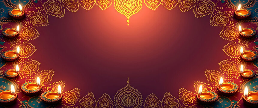 Intricate Rangoli Patterns and Glowing Diyas Border Frame with Artistic Copy Space for Diwali Messages - Perfect Photo Stock Concept for Celebrating Diwali