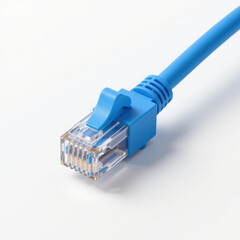 Close up of blue Ethernet cable connector on white background, highlighting detailed plastic and metal contacts, representing network connectivity and internet access
