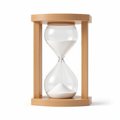 Modern hourglass with wooden frame and clear glass bulbs filled with white sand, symbolizing passage of time in minimalist design, isolated on white background