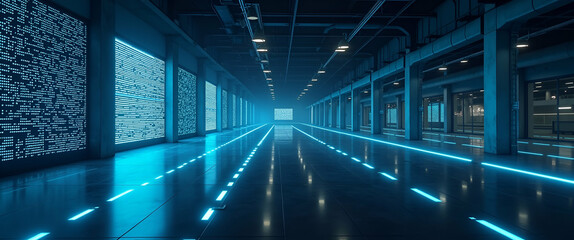 Fototapeta premium Modern Minimalist Wallpaper: Expansive Space Showcasing AI Robotics and High-Tech Automation for Industrial Efficiency in Digital Art