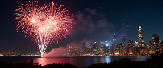 Dazzling fireworks over the city illuminate urban skylines with brilliant bursts and intricate light displays that create a mesmerizing nocturnal celebration and unforgettable visual spectacle in  Pho