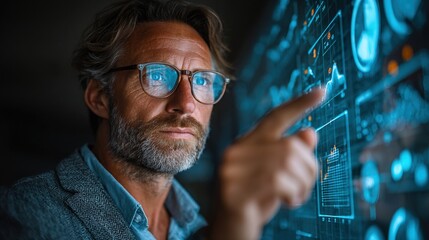 Focused man interacting with holographic interface