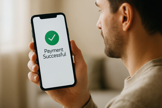 Digital payment successful on smartphone held by relaxed man