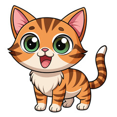 A cute tabby kitten with wide, excited eyes and an open mouth  with white background.