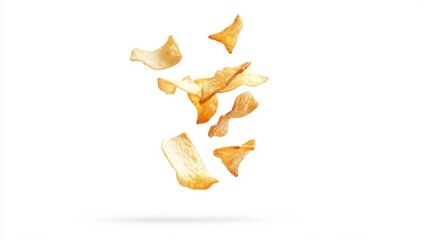 Golden, crispy fruit chips in mid-air