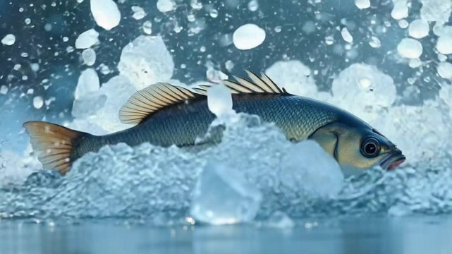 Sea bass fish falls into the water with ice. Filmed on a high-speed camera at 1000 fps. High quality FullHD footage
