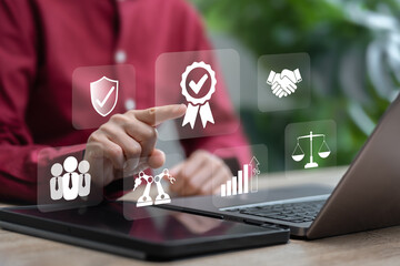 Business quality and trust concept, Businesswoman touch icon best quality, Management of product, Industry, Honesty, Trust, Business success and sustainability, Quality control, Cost reduce, Profit