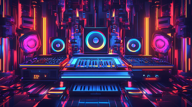 The neon music party poster presents a robotic sound system with a vibrant rgb backlighting. [Subterranean Echo] | Hollow Vibration | stone beat. Illustration