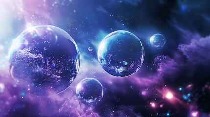 Naklejka premium Abstract Spheres Floating In A Purple And Blue Nebula With Stellar Light Effects