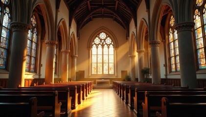 Fototapeta premium Tranquil parish church interior, sunlight streaming through stained glass windows , church building, pews