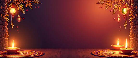 Rangoli and Lanterns Border Frame: Intricate Patterns and Glowing Lanterns Creating Festive Copy Space for Diwali Messages - Perfect for Celebrating the Festival of Lights!