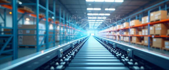 Fototapeta premium Photo Realistic Conveyor System and Warehouse Design Blueprint: Double Exposure Layout Optimization Concept with Copy Space for Enhanced Warehouse Efficiency.