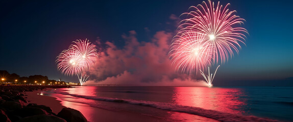 Spectacular summer fireworks show illuminates coastal skies with innovative pyrotechnic displays and mesmerizing light patterns creating an unforgettable seaside celebration in  Photo Stock  Concept  