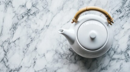 White teapot bamboo handle marble background kitchen drinkware still life
