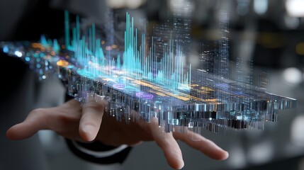 Individual holding a model city in a holographic display within a digital environment