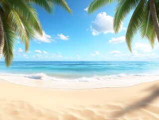 Tropical Paradise Beachfront Scene with Palm Trees and Turquoise Ocean