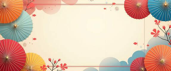 Colorful Korean Traditional Umbrellas with Dynamic Taegeuk Border Frame for Festive Independence Day Messages - Photo Stock Concept