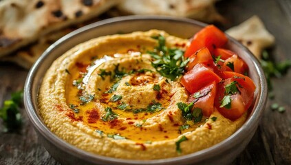 Creamy hummus with pita bread.