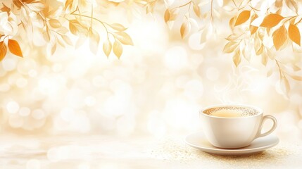Warm coffee cup autumn leaves background soft bokeh golden sparkle beverage