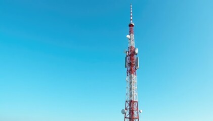 Tall broadcast tower against a clear blue sky, antennas reaching high , telecommunications, framework, infrastructure