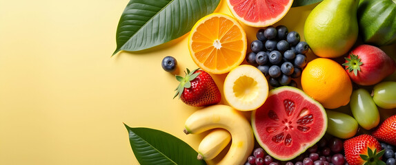 Naklejka premium Elegant Tropical Fruit Arrangement: Vibrant Exotic Edibles for High-Resolution Culinary and Lifestyle Promotions in Premium Stock Collections with Ideal Left-Side Empty Space