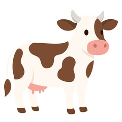 A cartoon-style illustration of a white and brown cow with pink udders, standing slightly to the right in a farm-inspired style.