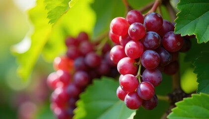 Naklejka premium Close-up of ripe red grapes ready for winemaking, nestled amongst green leaves , rich, leaves, deep