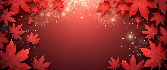 Elegant maple leaves and dazzling fireworks border frame with patriotic copy space for Canada Day messages - Perfect for festive celebrations!