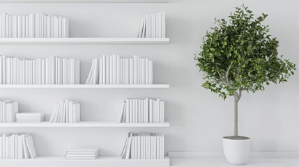 Minimalist home decor white bookshelf and green potted tree