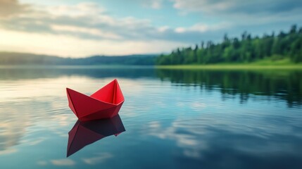 Red paper boat on calm water nature scene hope journey
