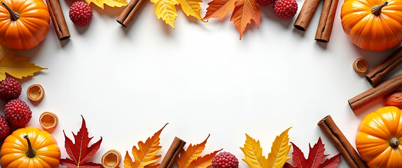 Photo realistic as Thanksgiving themed border frame with dried fruit and cinnamon sticks with copy space. concept as A border frame featuring dried fruit and cinnamon sticks creating a festive Thanksg