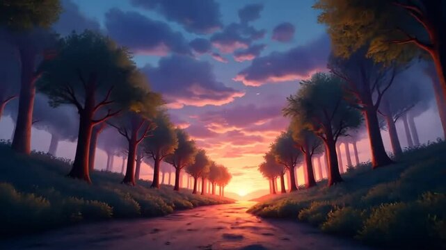 Golden Hour in Enchanted Forest &ndash; Sunbeams & Pink Sky Through Trees 4K UHD