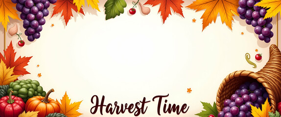 Photo realistic as Thanksgiving Cornucopia Border with Grapes and Harvest Time Wording concept as A vibrant border frame featuring a cornucopia overflowing with grapes vegetables and autumn leaves. Th