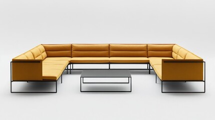 Modern u shaped sectional sofa with mustard yellow fabric and black metal frame