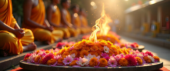 Vesak Flower Offering Rituals: Vibrant Floral Arrangements & Symbolic Blossoms for Devotion - High Quality Stock Photo with Empty Space on Left Side