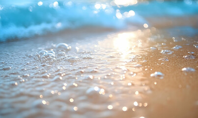 Ocean wave bubbles on sandy beach at sunset soft light and pastel colors