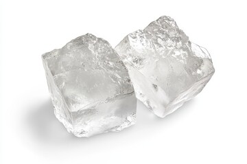 Two clear, irregular ice cubes on white