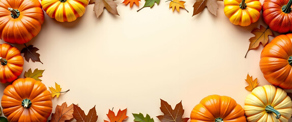 Assorted Pumpkins and Gourds Border Frame with Autumn Copy Space for Thanksgiving Messages - Perfect for Fall-Themed Photo Stock Concepts