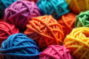 Close-up of colorful yarn balls stitched together, craft project, texture