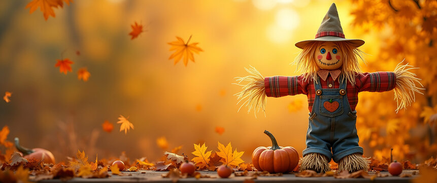 Photo realistic individual blended with corn husk and scarecrow overlay, symbolizing harvest themed decor for Thanksgiving, with ample copy space for text.