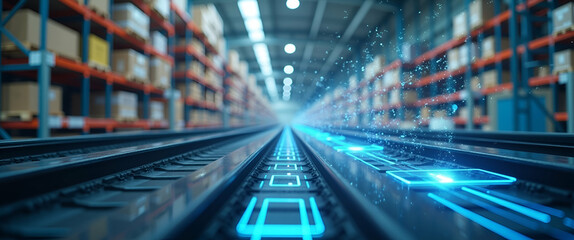 Obraz premium Photo Realistic Double Exposure of a Conveyor Belt and Logistics Interface for Warehouse Workflow Optimization - Perfect for Illustrating Process Efficiency with Copy Space