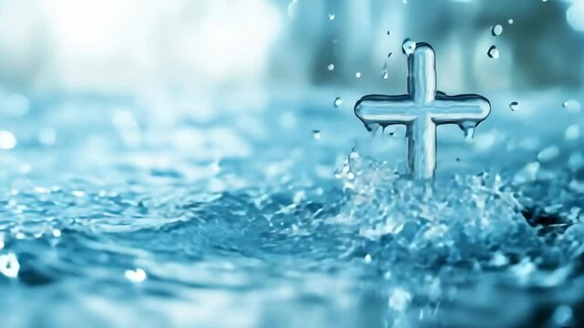 A baptismal scene with a water cross emerging from rippling water.
