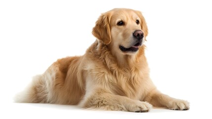Adorable golden retriever dog sitting calmly isolated on white background with soft fur texture under gentle studio lighting, captured in minimal clean composition for pet and animal concepts
