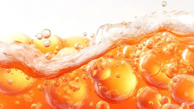 Close-up of orange liquid with numerous bubbles and a splashing surface, consistent with a carbonated beverage or a dynamic liquid interaction.