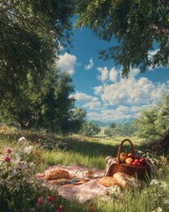 Summer picnic in a sunlit meadow with a fruit basket and blanket, family enjoying the outdoors, bright midday light, vibrant and photorealistic